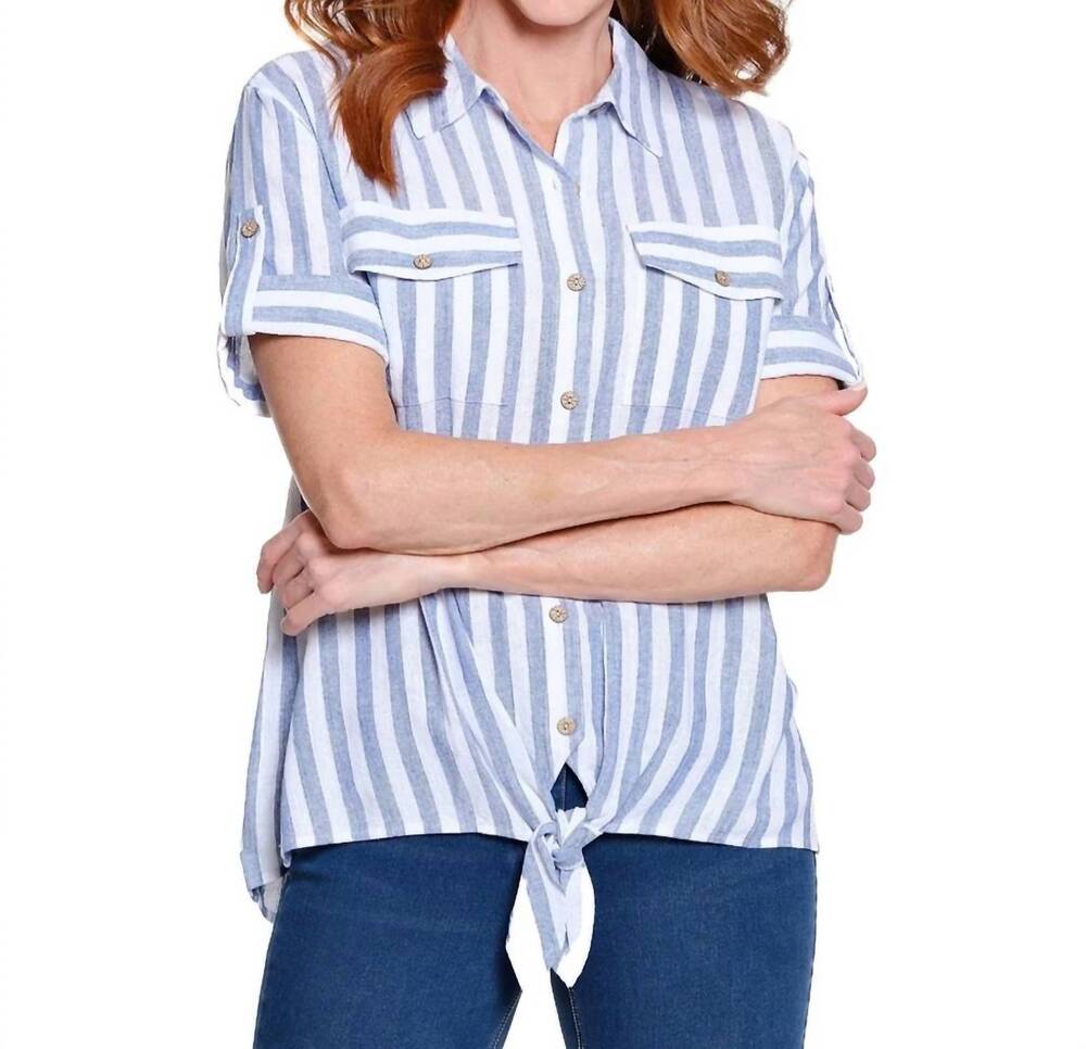 NEW MULTIPLES drop shoulder tie waist button front shirt in cadet blue